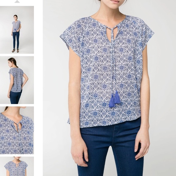 Mango Azulejos Blue Tile Print Short Sleeve Summer Top Tie Front Tassels 10 - Picture 1 of 6